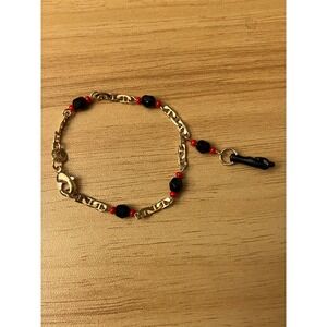 Gold Tone Mano Figa Bracelet Black Red Beads Protection Charm 5.5 Inch